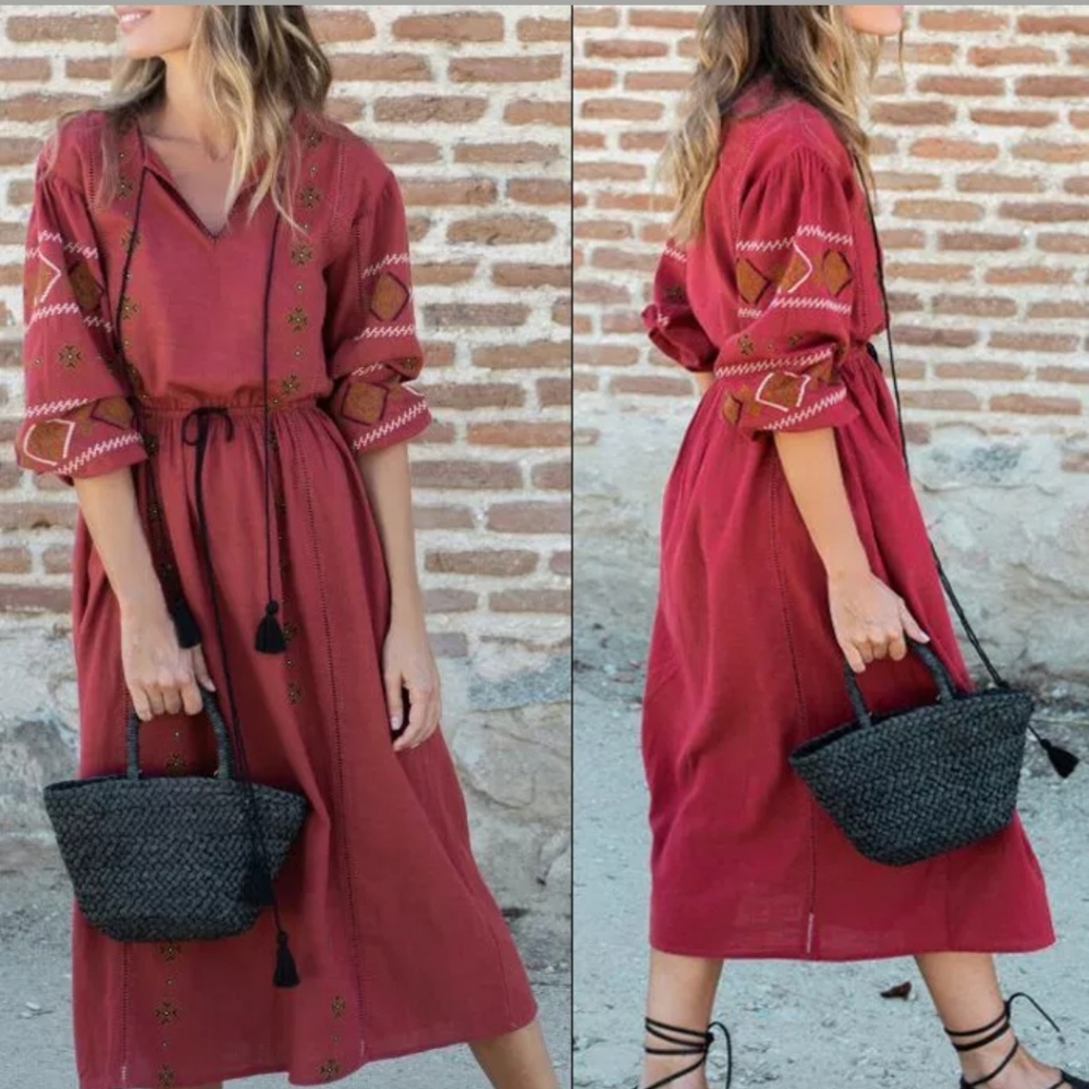 ZARA Brick Red Midi Embroidered Dress Tessel